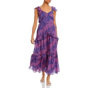 BANJANAN Erin Tiered Maxi Dress Ivy Floral Pink Indigo Sz M {3V54}